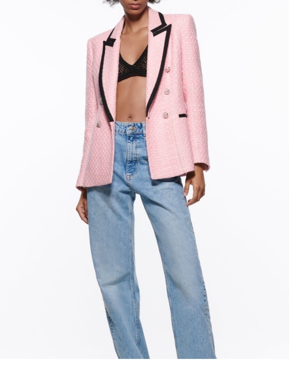 ZARA Pink Tweed Blazer with Black Contrast Trim size M